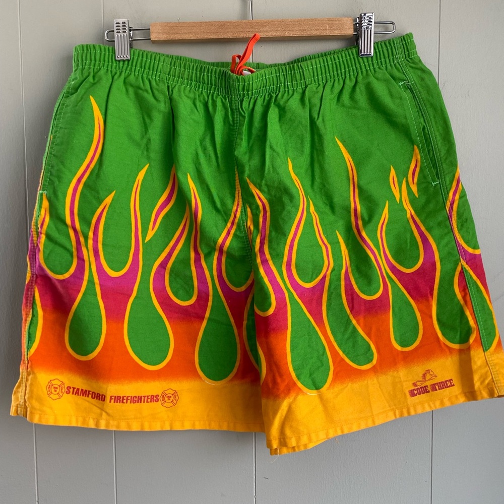 Code Three Made in USA Green Yellow Flame Board Shorts Canvas Feel Durable Large